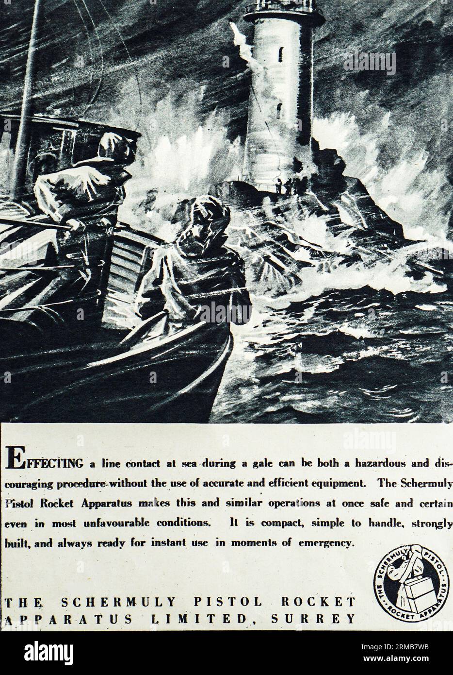 A 1942 wartime advertisement for The Schermuly Pistol Rocket Apparatus Limited of Surrey. Developed by William Schermuly in 1897, it was a ship line throwing appliance. In a 1929 Act of Parliament British registered ships over 500 tons were obliged to carry line throwing appliances. In the second world war this company employed over a thousand  people.  ‘Effecting a line contact at sea during a gale can be both a hazardous and discouraging experience without the use of accurate and efficient equipment’ Stock Photo