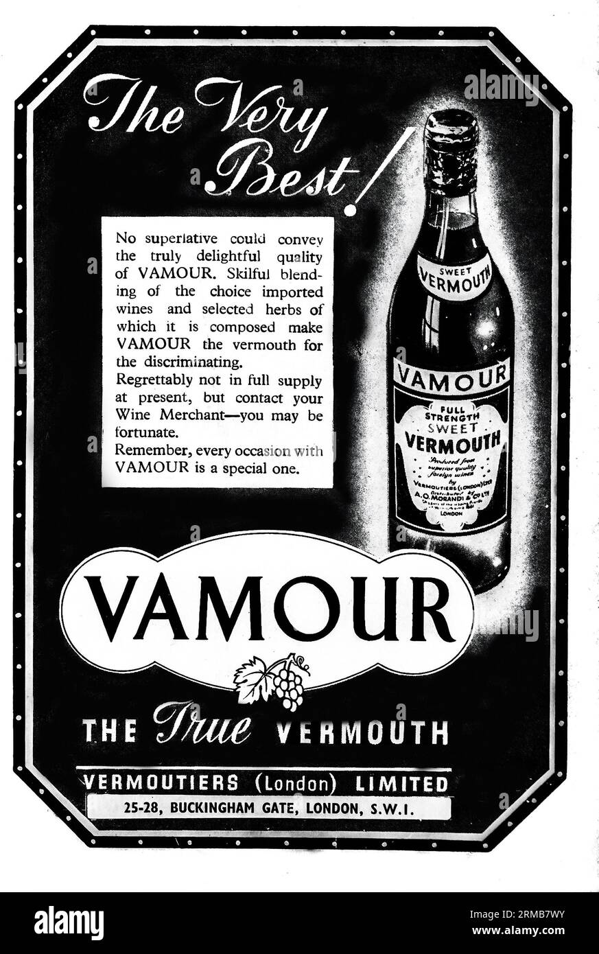 A 1942 wartime advertisement for Vamour Vermouth, marketed by Vermouthiers (London) Ltd. The label describes Vamour as a full strength sweet Vermouth produced from superior quality foreign wines. The advertisement goes on to say that regrettably is not in full supply at present-reference to the ongoing war Stock Photo
