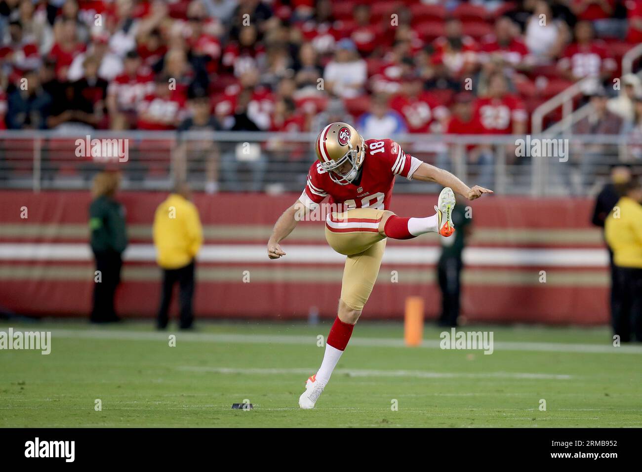 San Francisco 49ers punter Mitch Wishnowsky (18) kicks during an NFL  football game against the Los Angeles Chargers, Friday, Aug. 25, 2023, in  Santa Clara, Calif. (AP Photo/Scot Tucker Stock Photo - Alamy