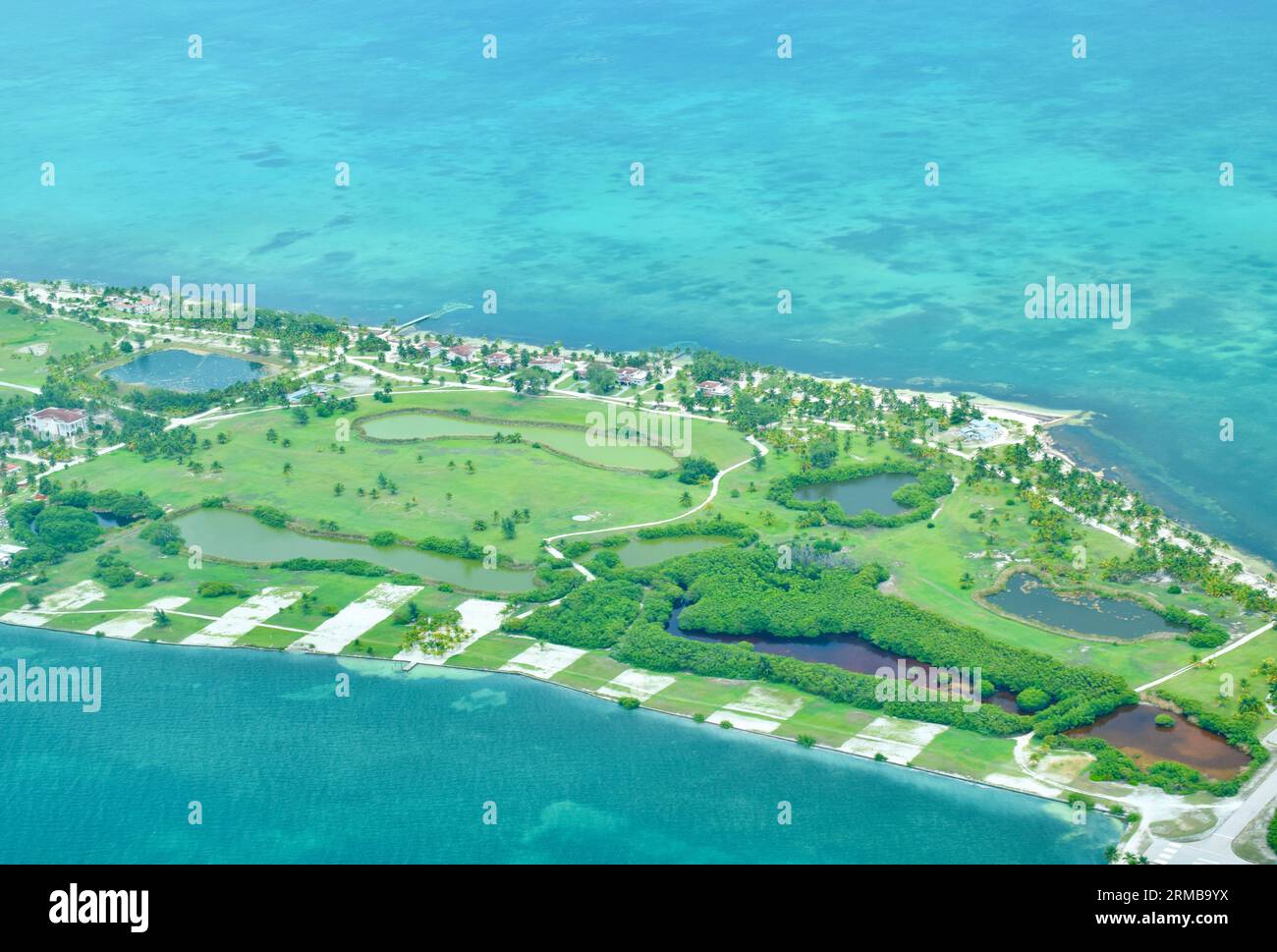 An aerial view of Caye Chapel, a private island in Belize owned by the