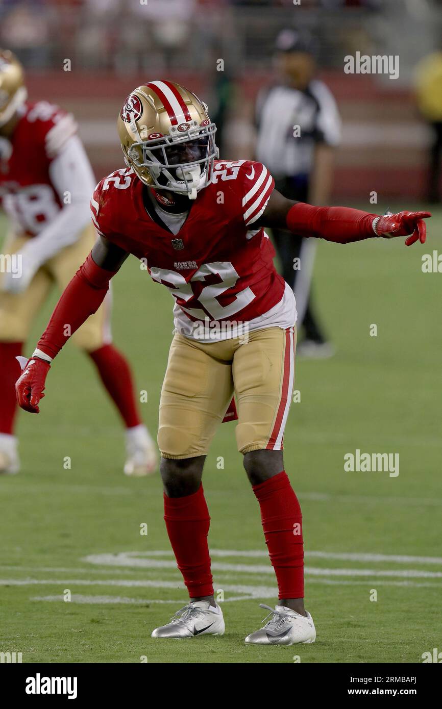 San Francisco 49ers cornerback D'Shawn Jamison (22) runs a play during an  NFL football game against the Los Angeles Chargers, Friday, Aug. 25, 2023,  in Santa Clara, Calif. (AP Photo/Scot Tucker Stock