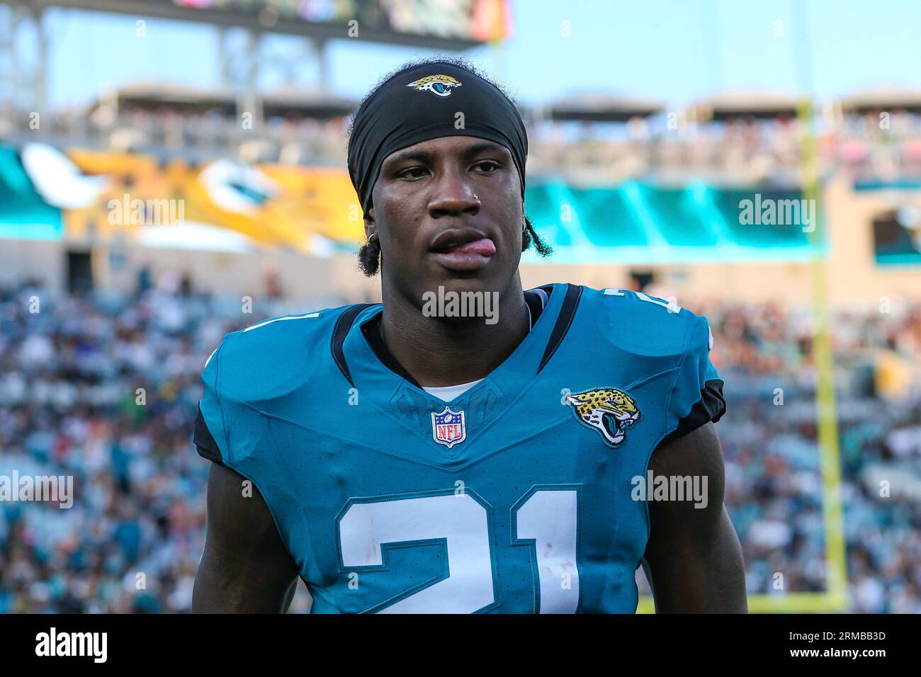 Jacksonville Jaguars safety Ayo Oyelola (35) leaves the field after an NFL  pre-season football game against the Miami Dolphins, Saturday, Aug. 26,  2023, in Jacksonville, Fla. The Jaguars defeated the Dolphins 31-18. (