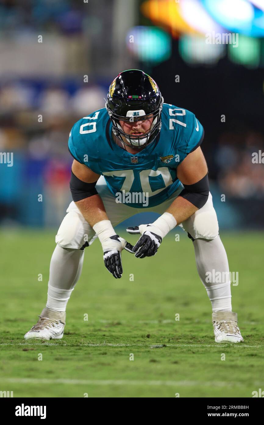 Jacksonville Jaguars offensive tackle Cole Van Lanen (70) in action during  an NFL pre-season football game against the Miami Dolphins, Saturday, Aug.  26, 2023, in Jacksonville, Fla. The Jaguars defeated the Dolphins