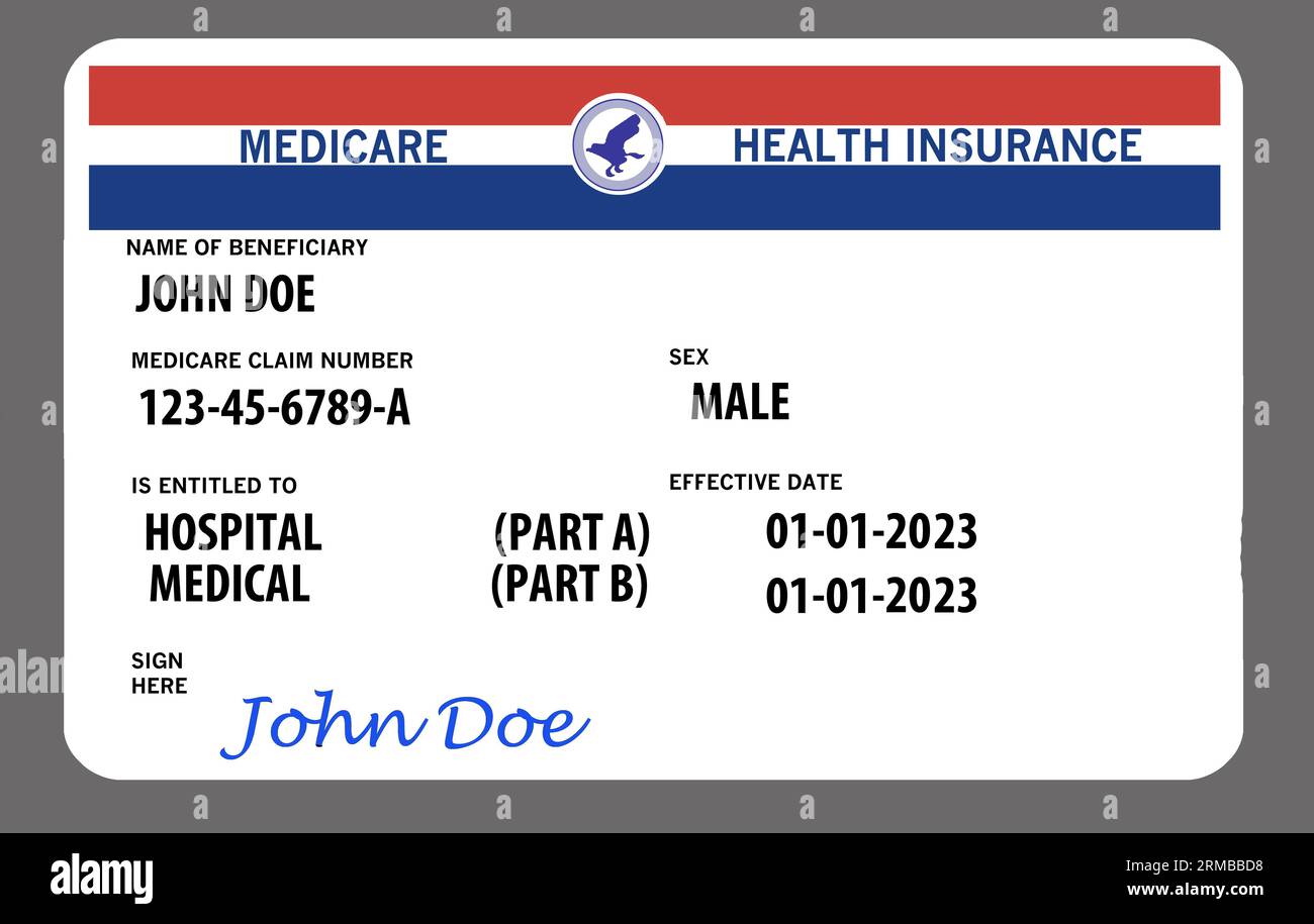 Identification card is a generic, mock, federal health insurance plan card. Red, white, blue with black type and a generic logo. Not an actual Medicar Stock Photo