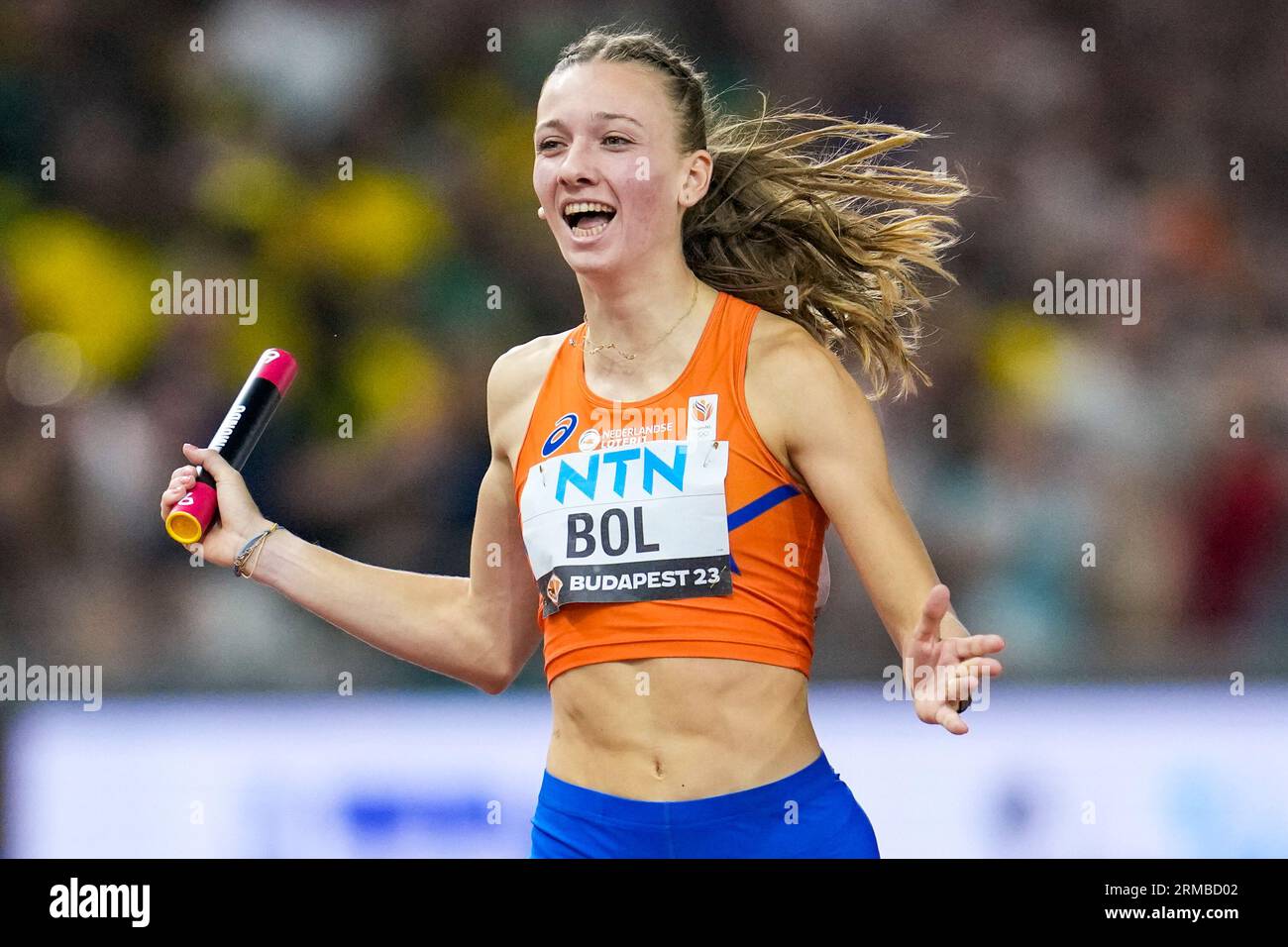 Femke Bol, of the Netherlands crosses the line to win the final of the