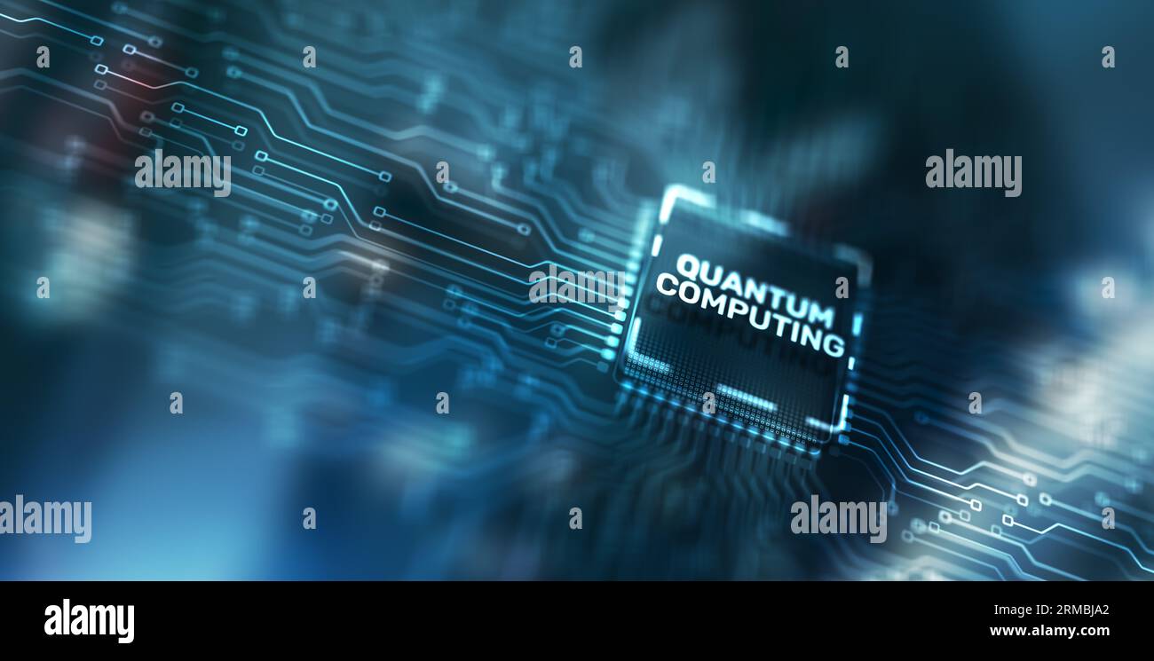Quantum computing concept. The inscription on the processor icons. Stock Photo