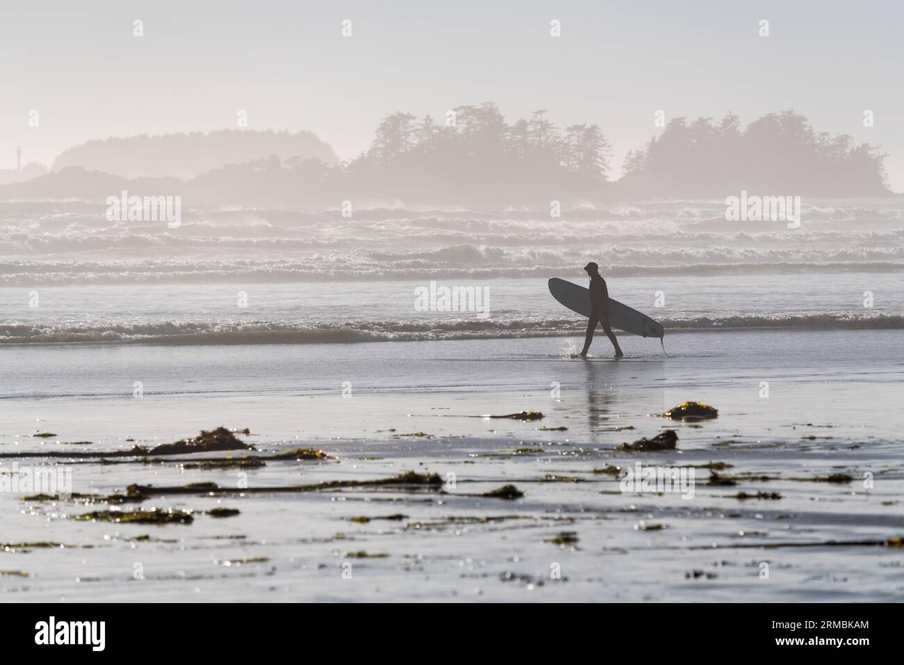 Unrecognizable surfer silhouette with surfboard walking on Cox Bay Beach by the Pacific Ocean, Tofino, Vancouver Island, BC, Canada. Stock Photo