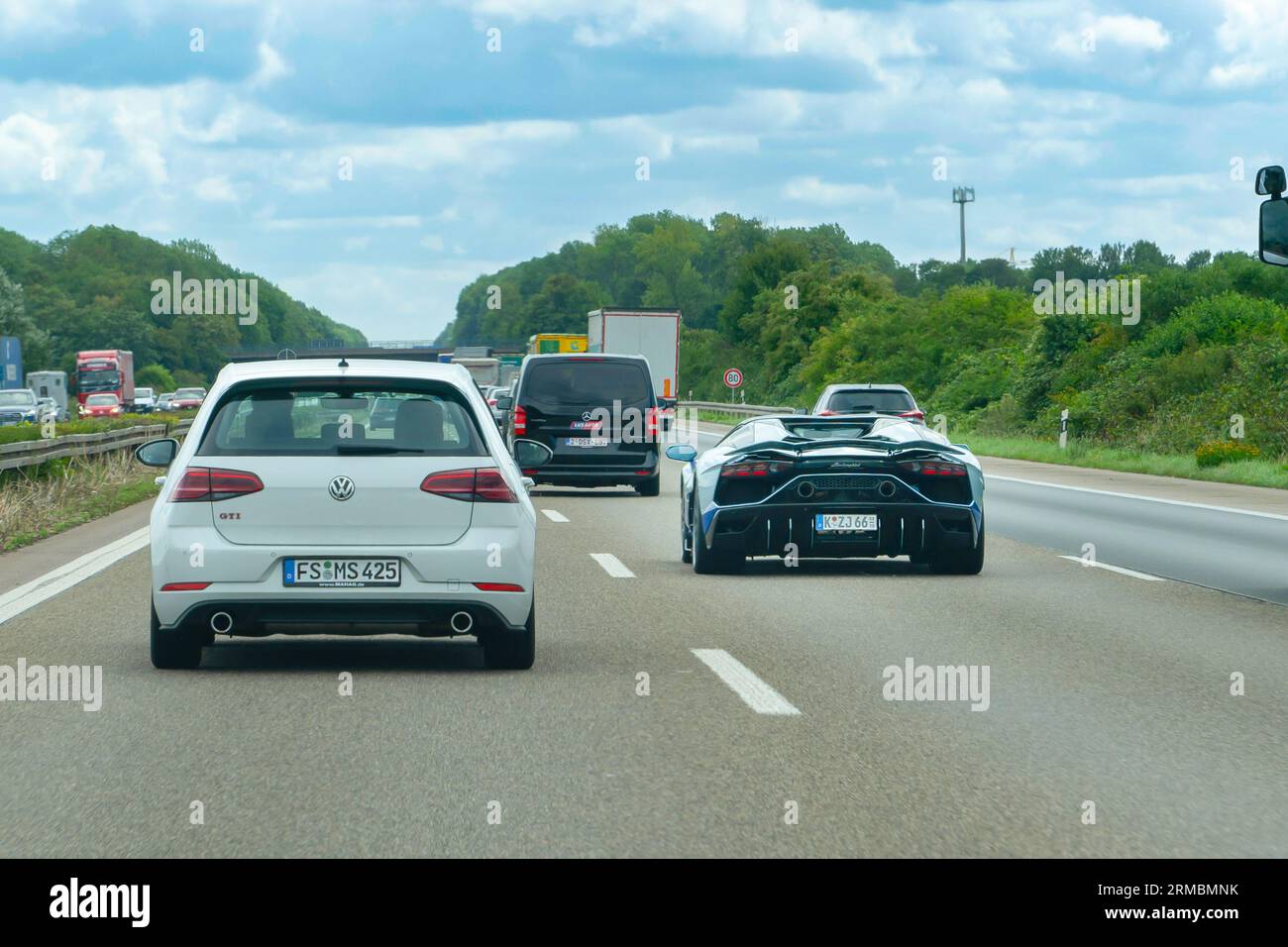 Germany- August 01, 2023: Germany's autobahn which is famous for being without blanket speed limits for cars and motorcycles. Stock Photo