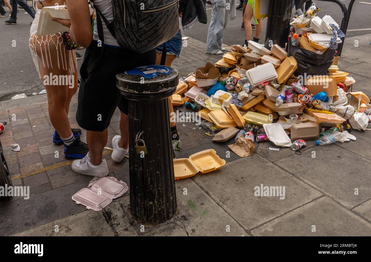 Rubbish and food waste piles at Notting Hill carnival 2023 in London