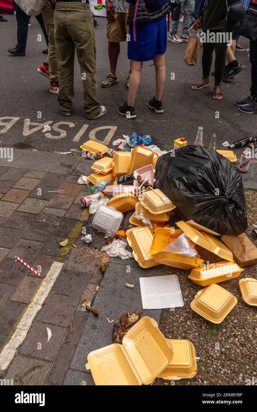 Rubbish and food waste piles at Notting Hill carnival 2023 in London