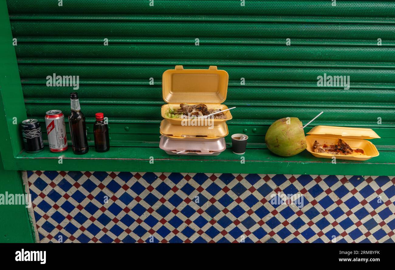 Rubbish and food waste piles at Notting Hill carnival 2023 in London