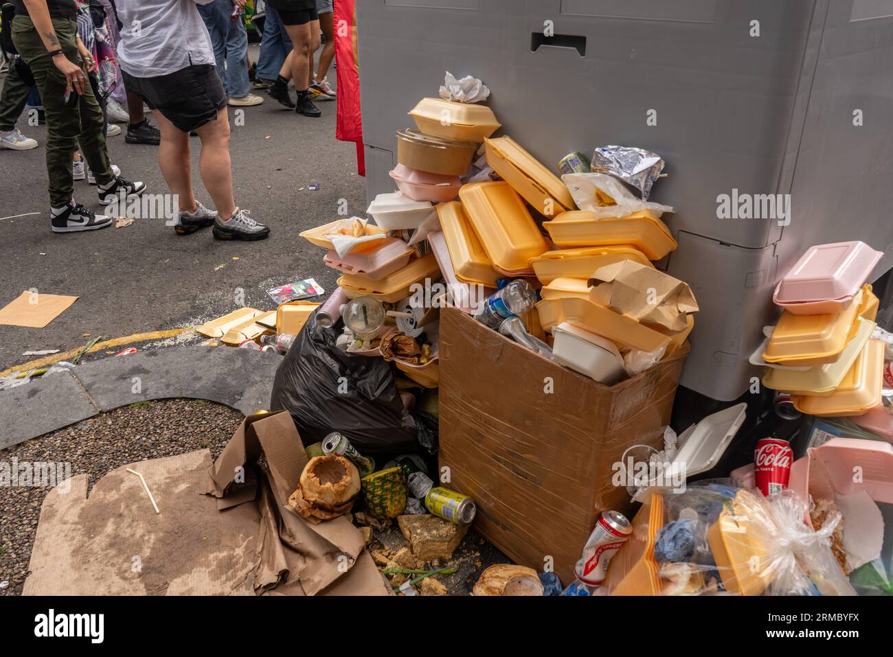 Rubbish and food waste piles at Notting Hill carnival 2023 in London