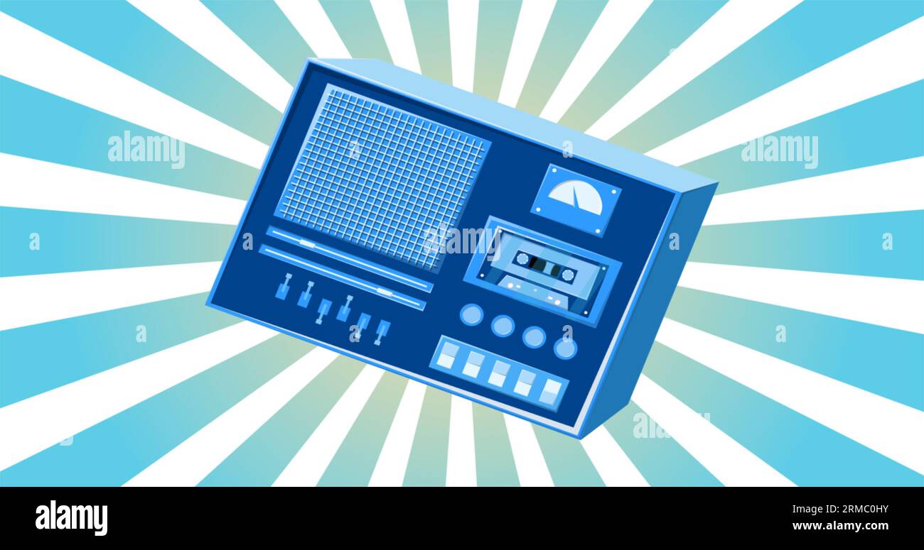 Retro audio music cassette tape recorder old vintage hipster for geeks from 70s, 80s, 90s on blue abstract rays background. Stock Photo