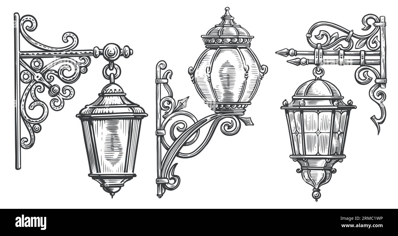 Wall wrought iron street lamp in engraving style. Lantern sketch vintage vector illustration Stock Vector