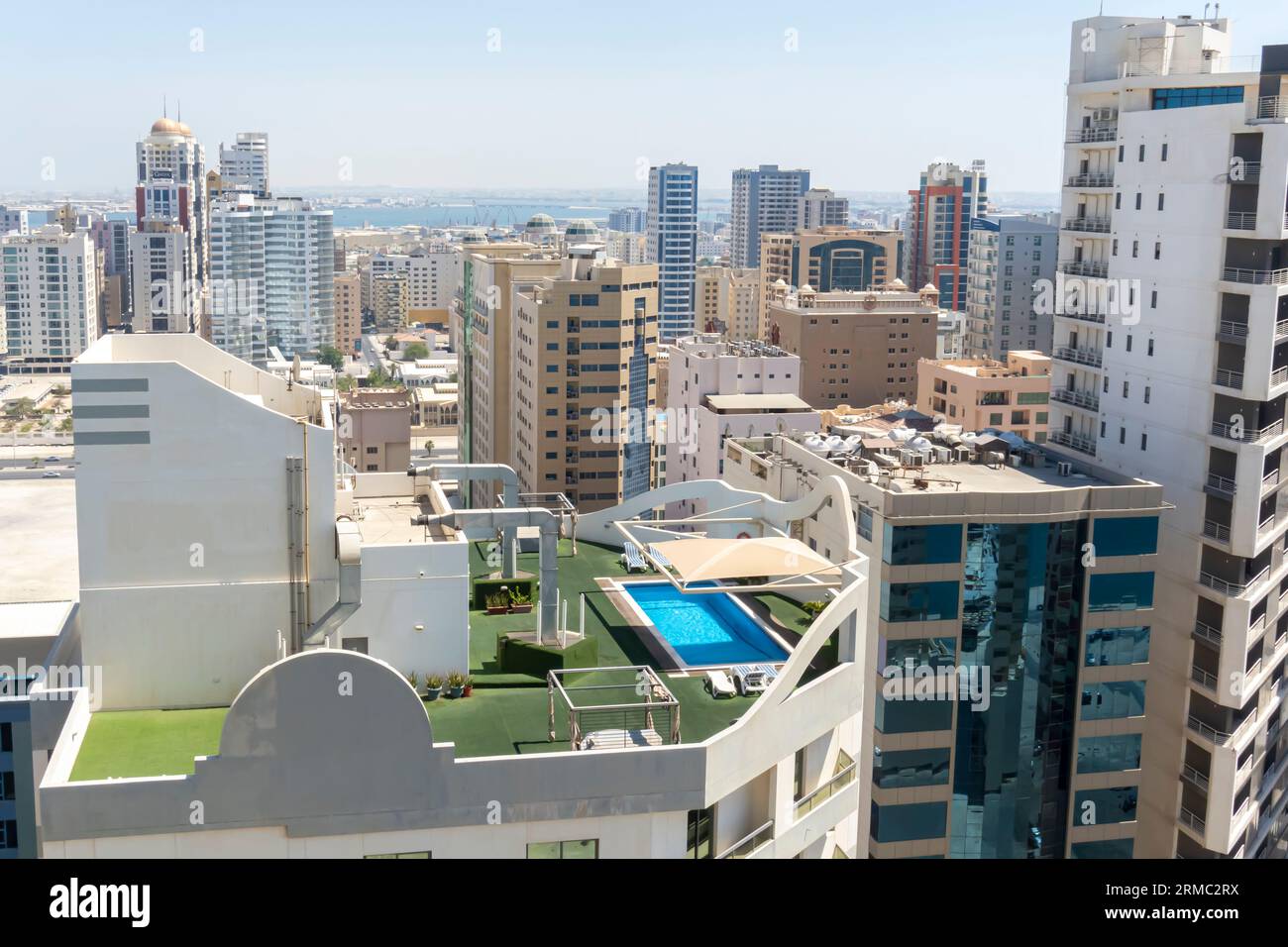 Rooftops of Bahrain, roof pool, Jaffair Bahrain construction projects, rooftops Bahrain, and high-rises in Jaffair Bahrain. Stock Photo