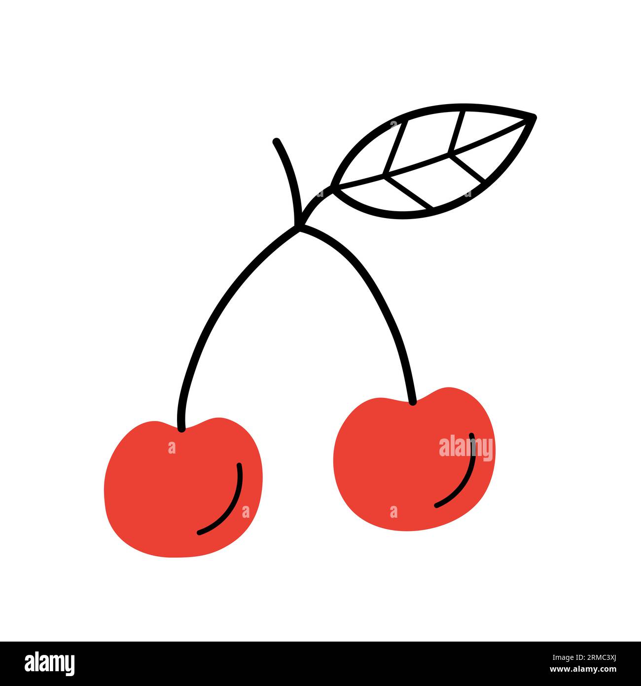 Cherry with twig and leaf. Hand drawn sketch icon of fruit. Isolated vector illustration in doodle line style. Stock Vector