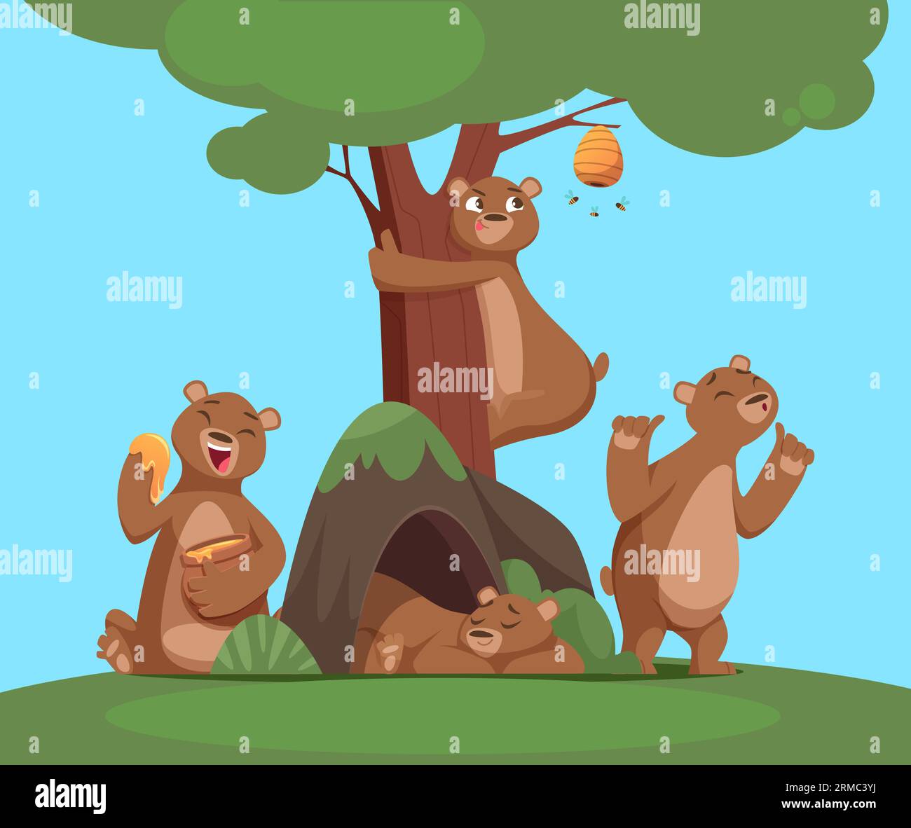 Bear group. Funny cartoon bear in woods eating playing sleeping. Vector cartoon background Stock Vector