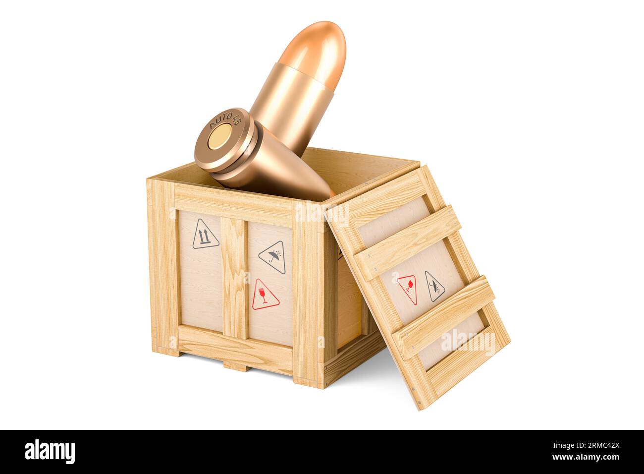 Pistol bullets inside wooden box, delivery concept. 3D rendering ...