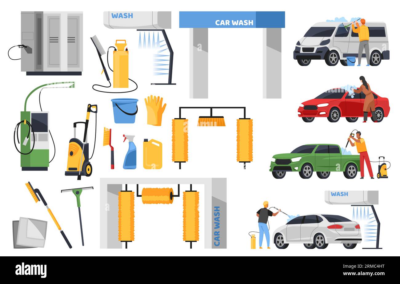 Cartoon car wash elements. Owners take care of vehicles, brushes, vacuum cleaners, rolls and automatic machines with water, man and woman cleaning Stock Vector