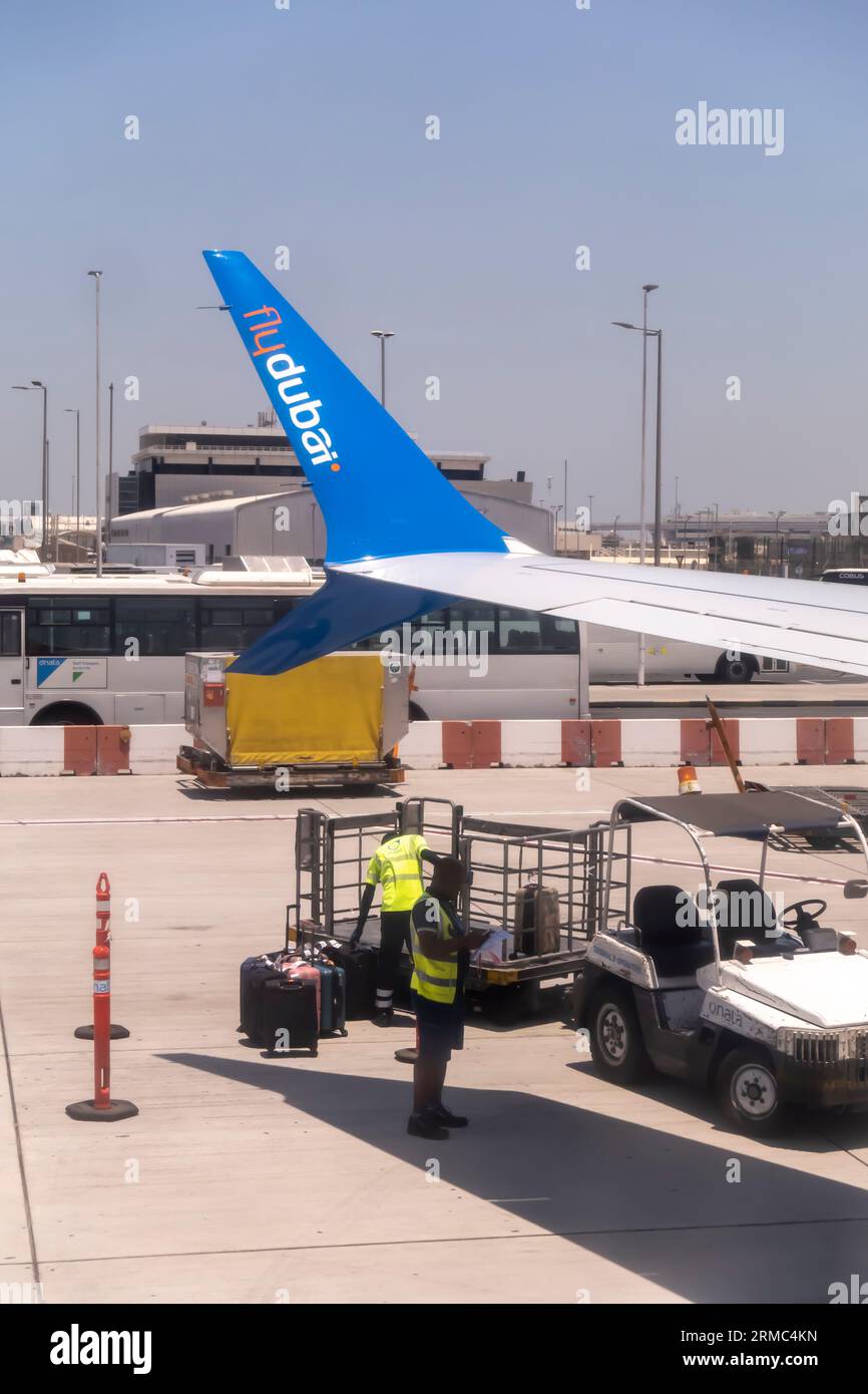 Airport workers load baggage into a luggage vehicle from FlyDubai airplane. Dubai airport, UAE
