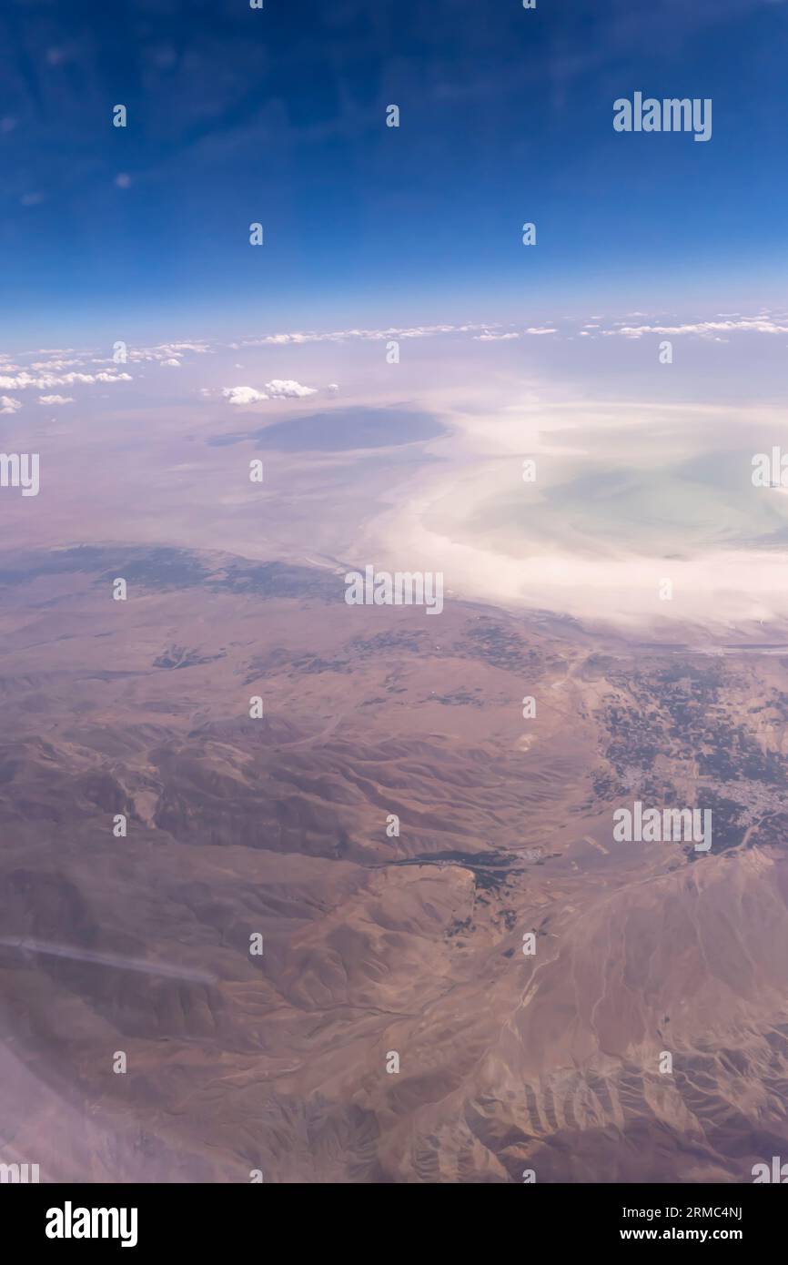 Iran mountains, water reservoirs green, Middle East -view from airplane Stock Photo