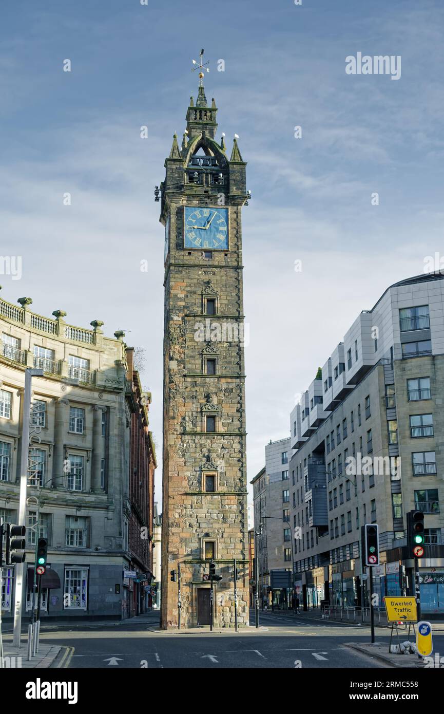 Glasgow, Scotland, Uk, March 5th 2023, Tolbooth Clock Steeple Tower in Merchant City area of Glasgow Stock Photo