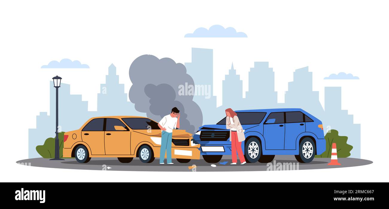 Head on cars collision. Vehicles accident, affected people, injured passengers and drivers, traffic rules violation, man and woman cartoon flat Stock Vector