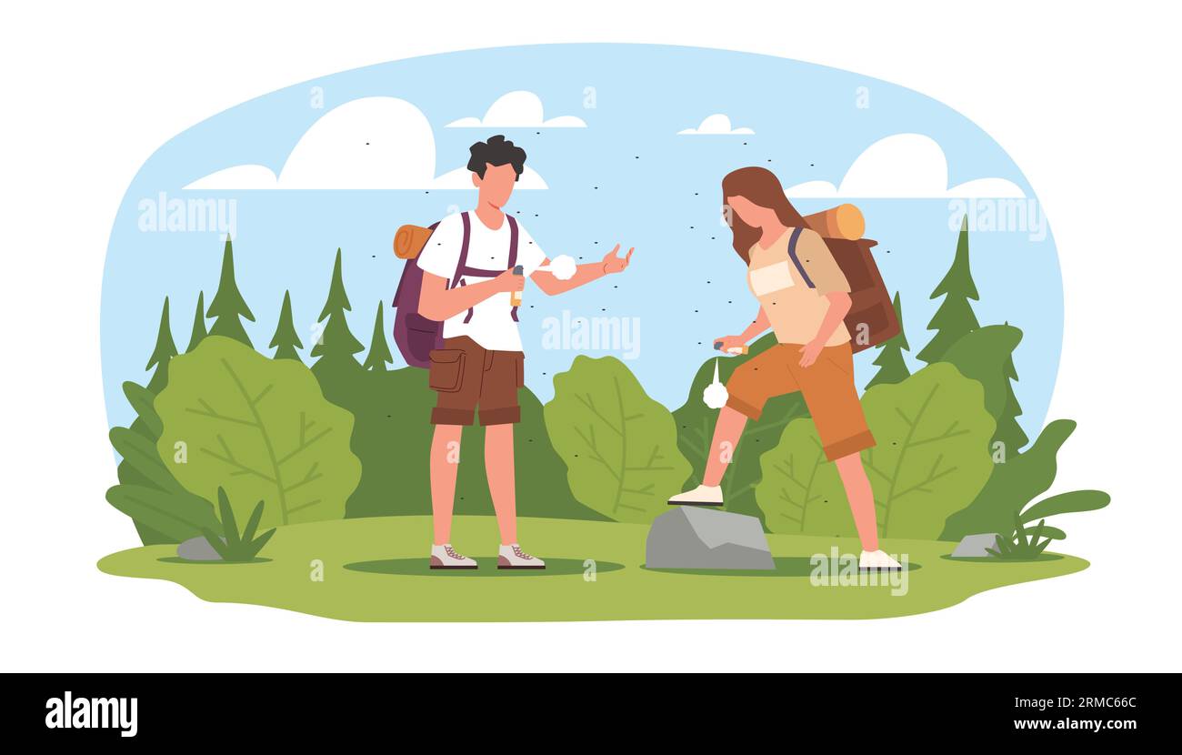 Guy and girl apply anti malarial mosquito bite spray while camping in