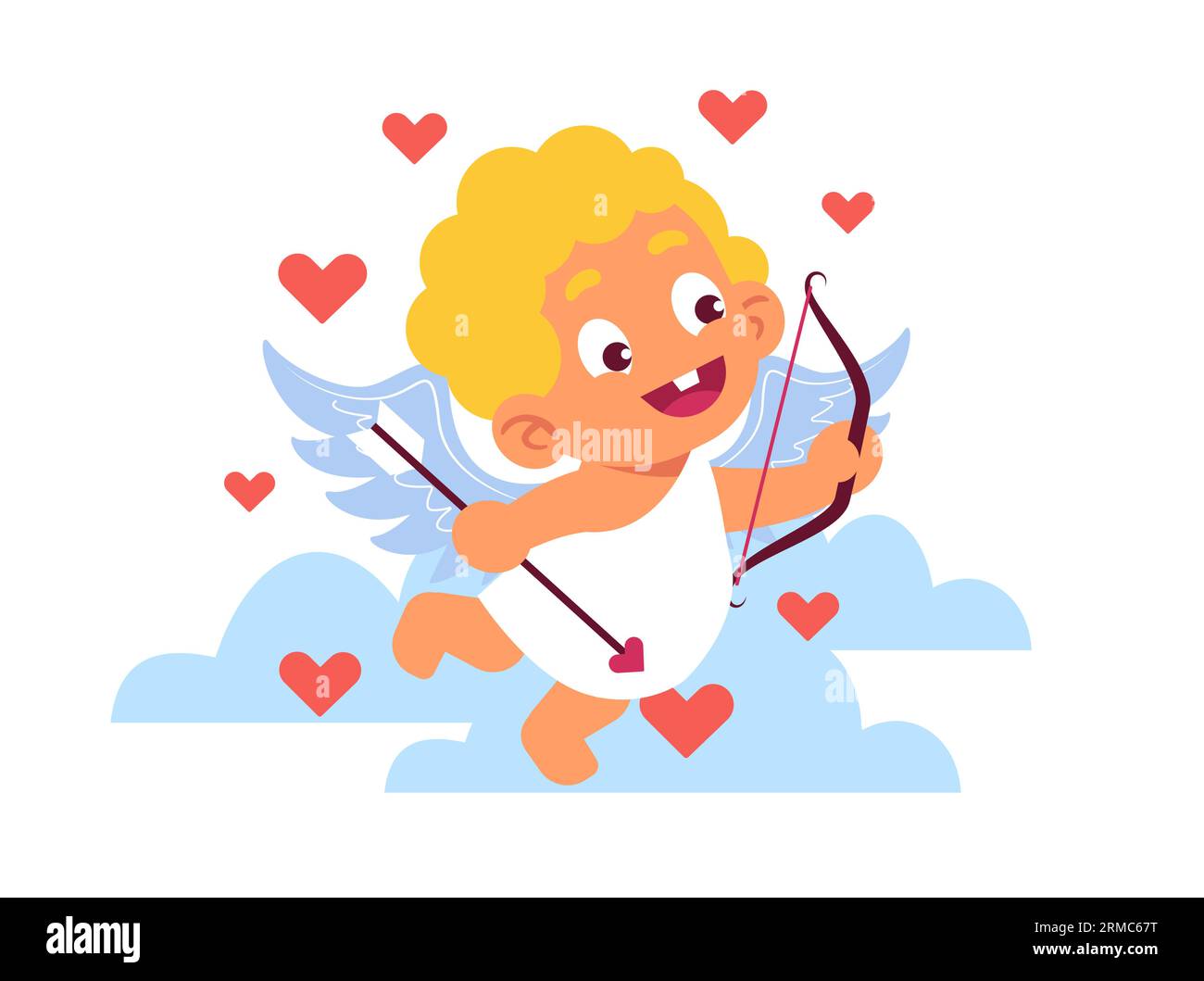 Little cupid in clouds with bow and arrow. Baby angel with with wings. Romantic love mascot. Hearts and clouds. Happy flying boy. Angelic character Stock Vector