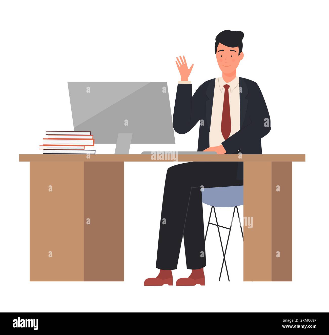 Sitting teacher man at work table. Male professor using computer vector ...