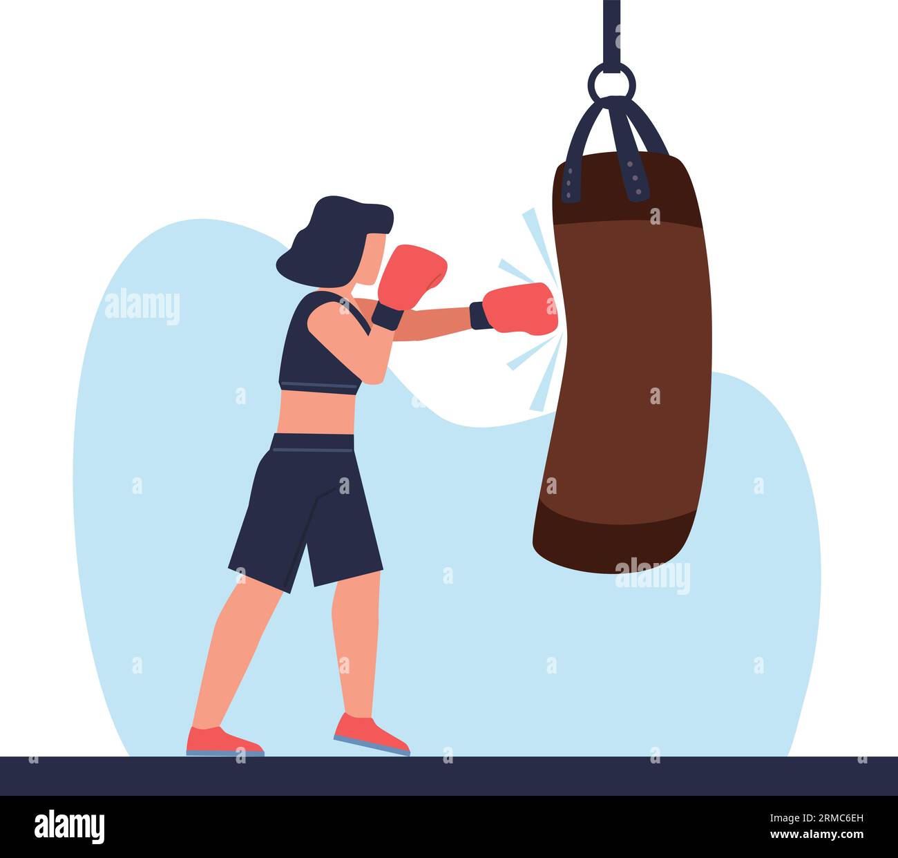 Young athletic woman punches punching bag. Woman boxing in gloves