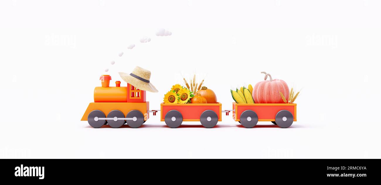 Cute orange toy train carrying autumn vegetables. Thanksgiving is