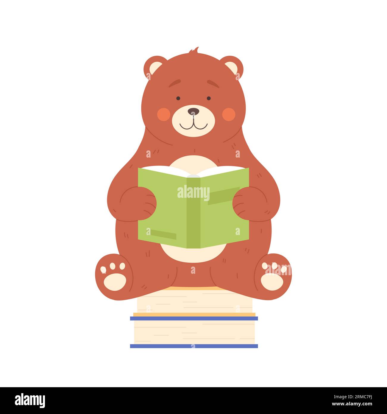 Cute bear sitting on books pile and reading. Forest wild animal gaining