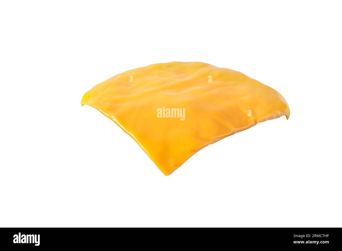 Slice of melted cheese for sandwich isolated on white. Cheddar cheese hamburger ingredient. Stock Photo