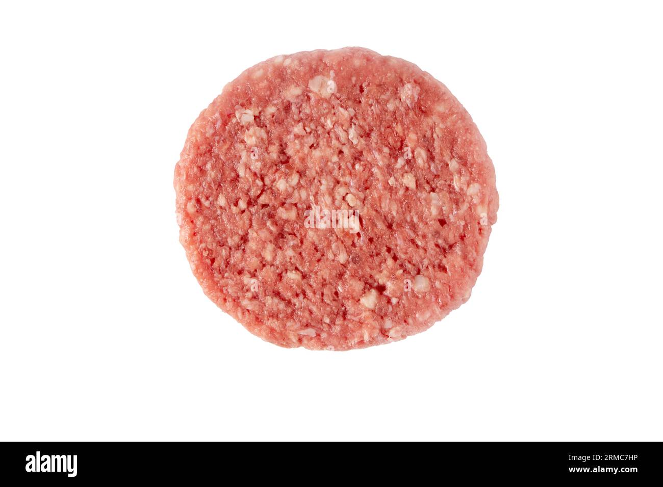 Raw ground beef meat patty or burger isolated top view on white. Hamburger ingredient Stock