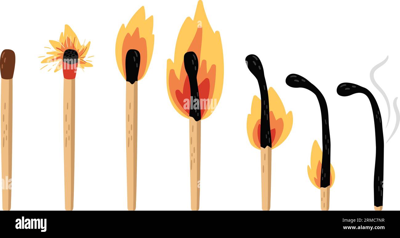 Set of burning match. Sequence steps of combustion. Wood matchstick