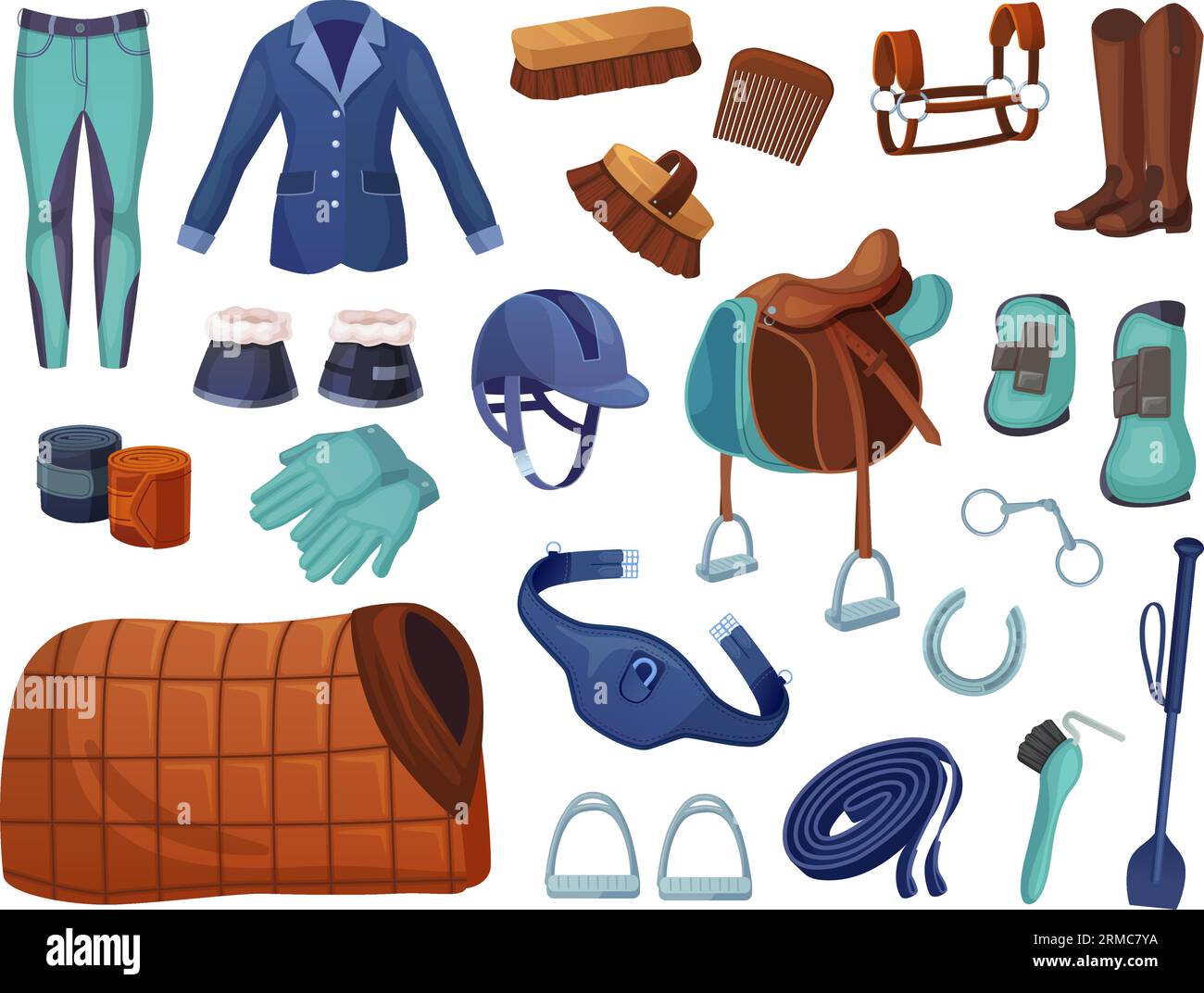Sidst Stoop influenza Equestrian accessories. Cartoon equestrian gear, horse riding sport  equipment equestrianism jockey clothing, belt saddle stirrup bridle snaffle  vector illustration of equestrian graphic equipment Stock Vector Image &  Art - Alamy
