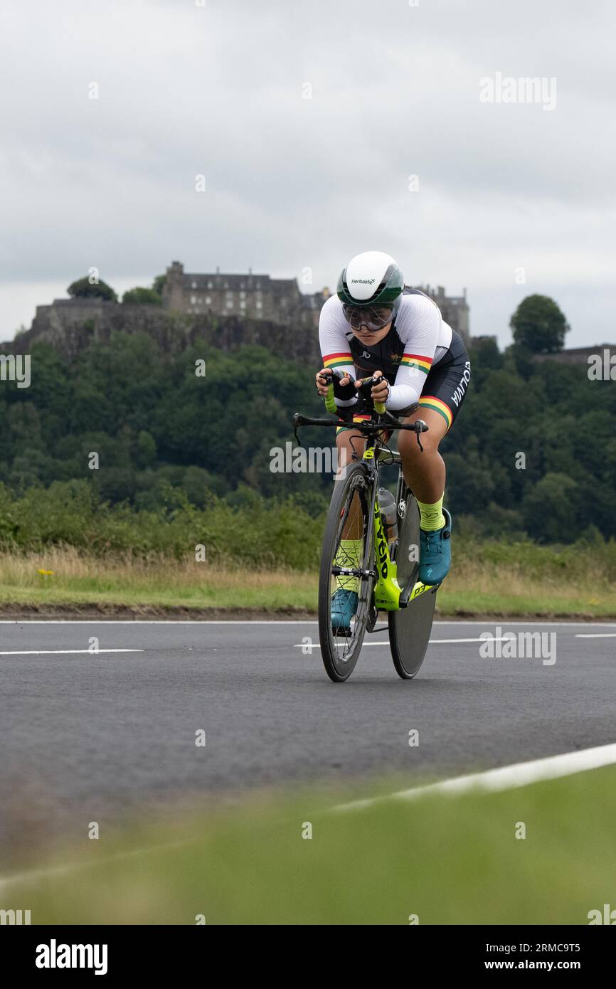 Abigail Sarabia Ricaldez of Bolivia competing in the womens elite individual time trial in Stirling, Scotland - UCI Cycling World Championships 2023 Stock Photo