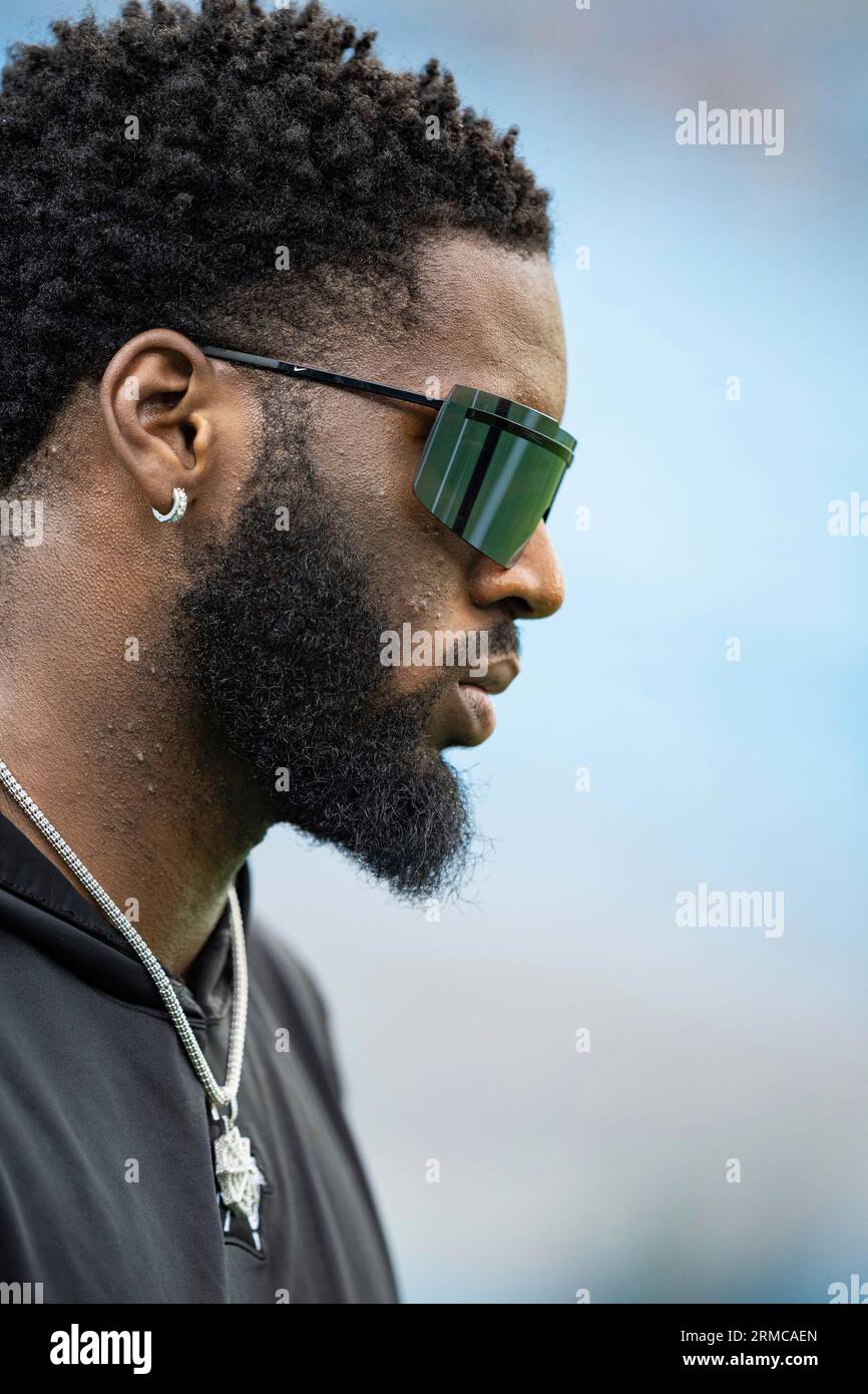 Carolina Panthers linebacker Brian Burns (0) wears a Spida face shield  prior to an NFL preseason football game against the Detroit Lions, Friday,  Aug. 25, 2023, in Charlotte, N.C. (AP Photo/Brian Westerholt