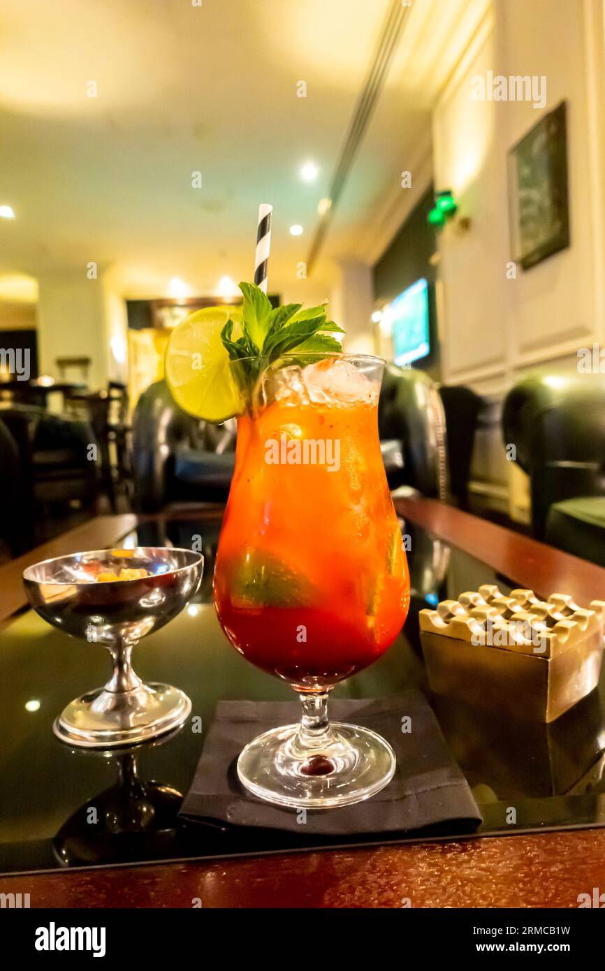 Virgin Bloody Mary glass , bar interior background Stock Photo - Alamy