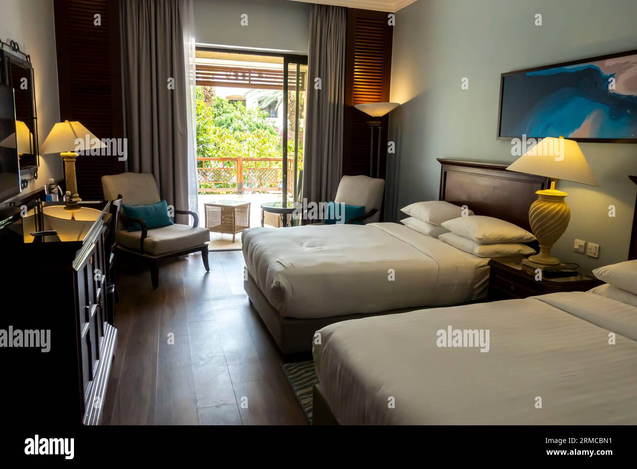 Guest room, twin beds. Dead Sea Marriott Resort & Spa, Jordan, Middle East Stock Photo