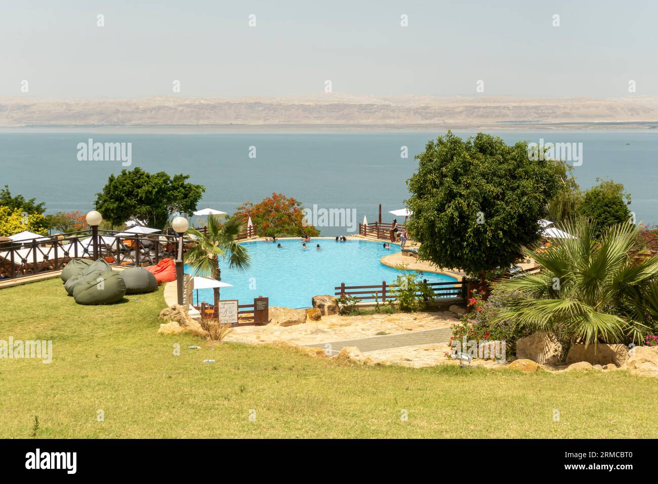 View of Dead Sea in Jordan. Swimming pool at Dead Sea Marriott Resort & Spa,  Jordan, Middle East Stock Photo