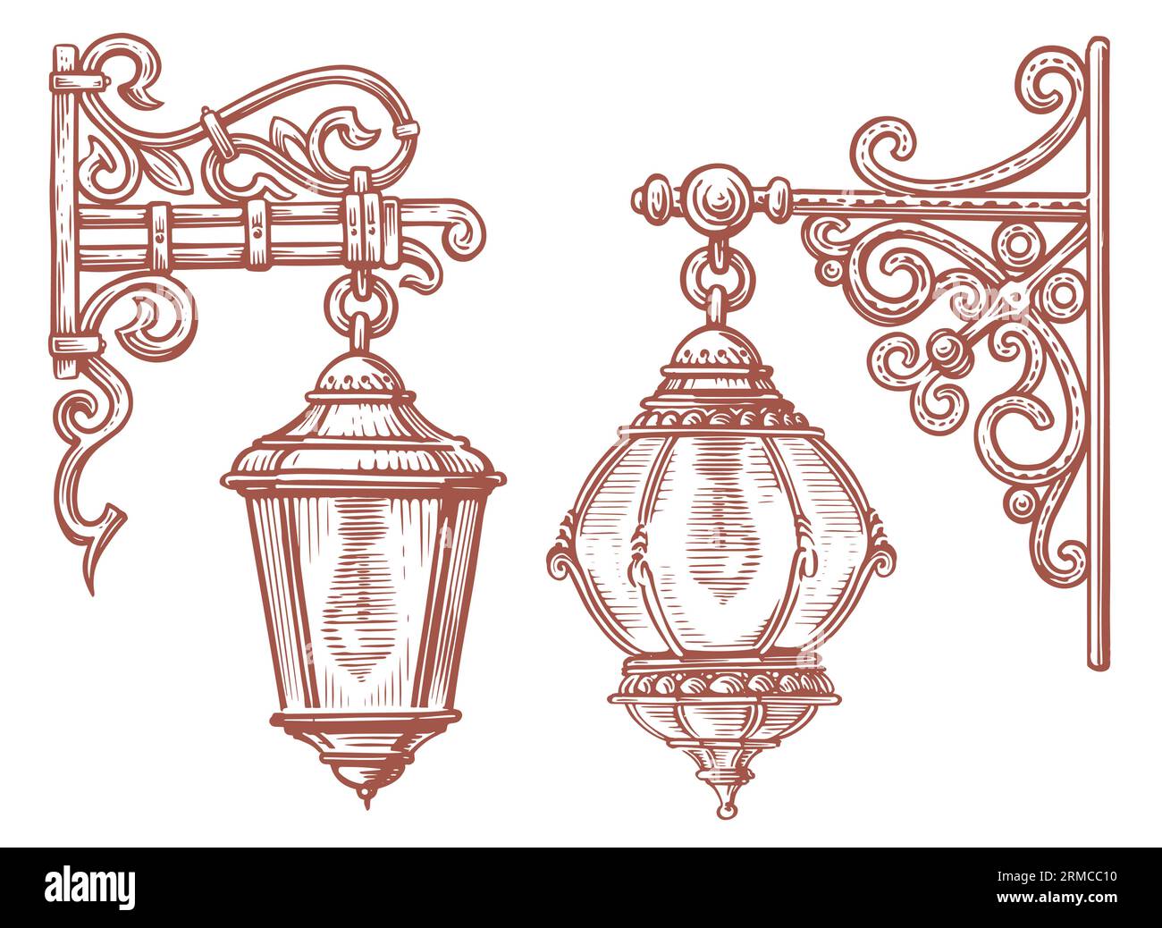 Retro lantern. Sketch of street light. Streetlight vintage vector illustration engraving style Stock Vector