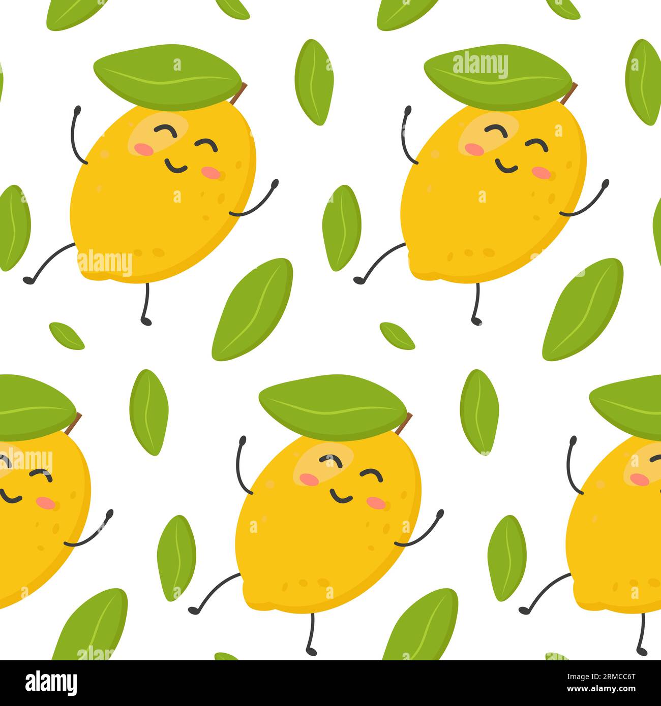 Seamless pattern of cute colorful yellow lemons. Lemons alternate with leaves. Banner, flyer, wallpaper, fabric design. Vector flat illustration. Stock Vector