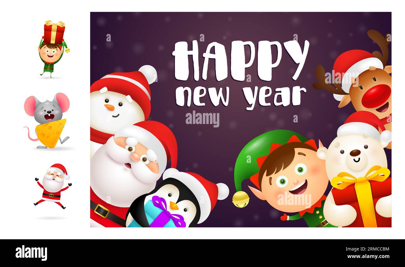 Happy New Year banner with smiling cartoon characters Stock Vector