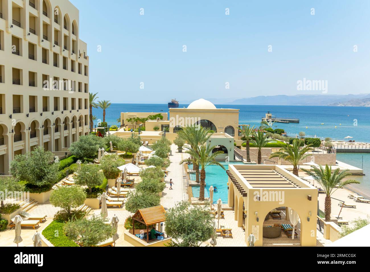 Top view of swimming pool at Al Manara, Luxury Collection Hotel, first 5-star resort in the ancient port city of Aqaba, Jordan Stock Photo