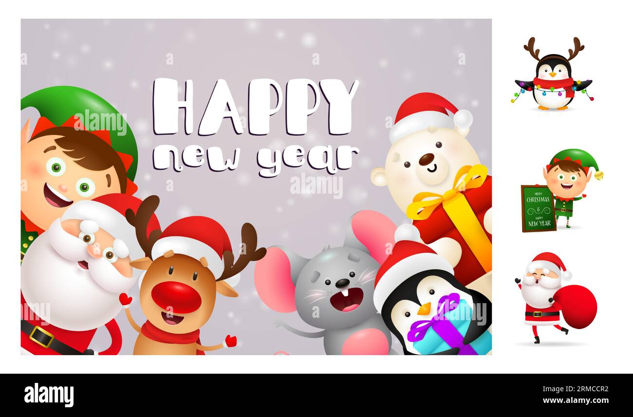 Happy New Year postcard with cute cartoon characters Stock Vector Image ...