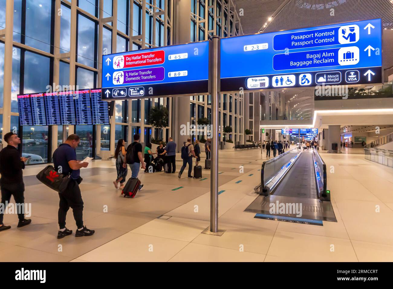Passengers in front of directional signs passport control, baggage
