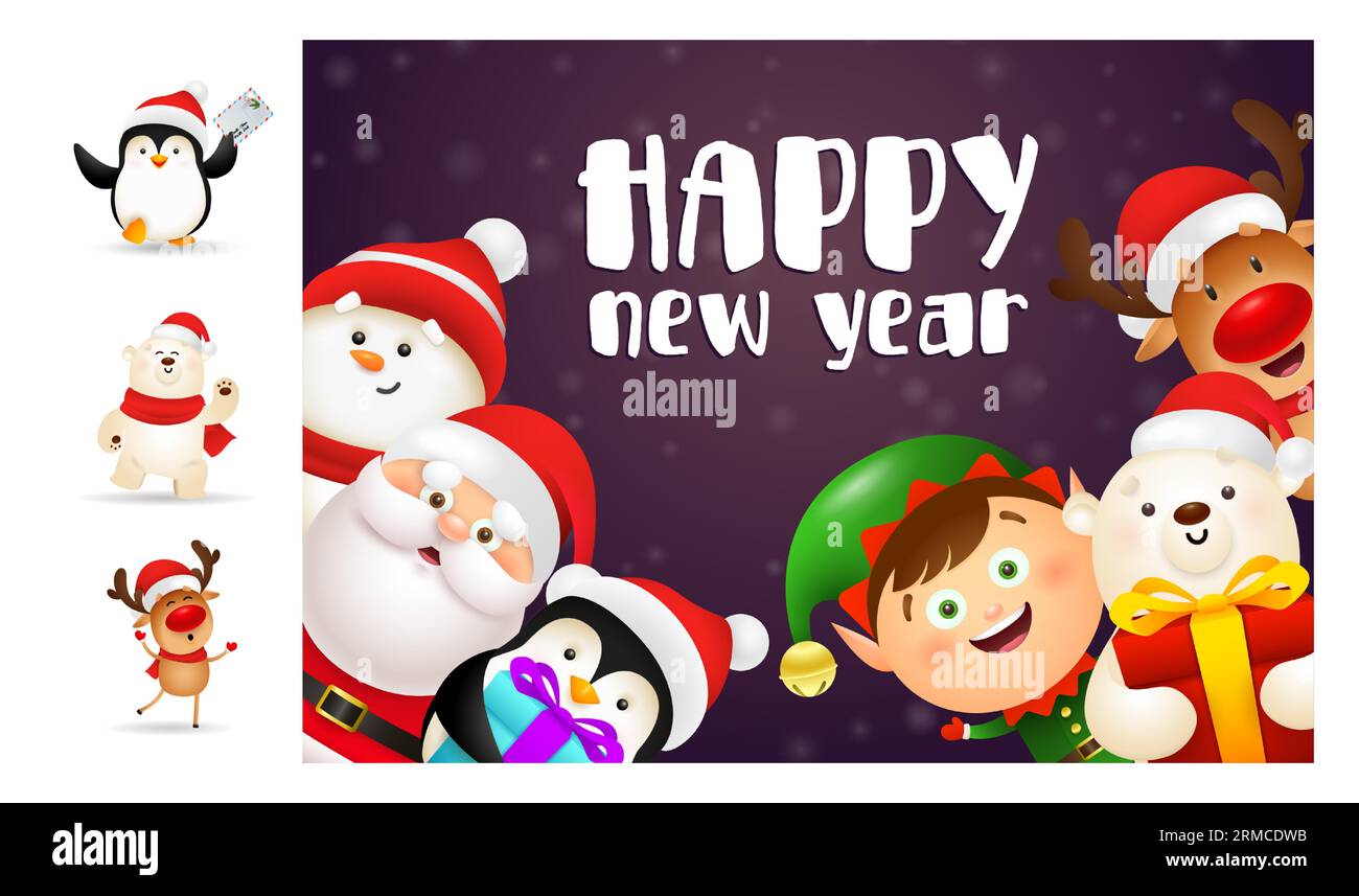 Happy New Year banner with cute cartoon characters Stock Vector Image