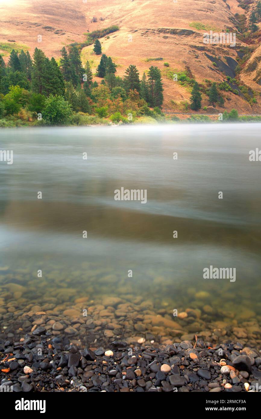 Fog on Clearwater River, Northwest Passage Scenic Byway, McKay's Bend Recreation Site, Idaho Stock Photo